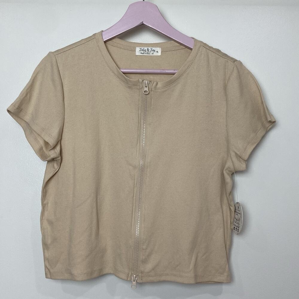Jolie & Joy by FCT with Love Tan Short Sleeve Zippered Front Casual Top 1X 2X 3X